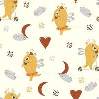 Seamless pattern with fantastic monsters. Cute couple of yellow monsters on a scooter - a girl and a boy with wings and a balloon on a white background with a cloud and the moon. Vector illustration