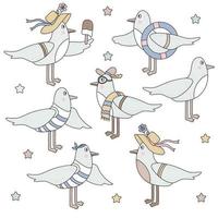 Set of seabirds - seagulls. Cute funny characters - a boy in a vest and a bandana with a marine lifebuoy and girl with ice cream. Vector. Isolated on white background vector