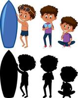 conjunto de un personaje de dibujos animados de niño en diferentes posiciones con su silueta vector