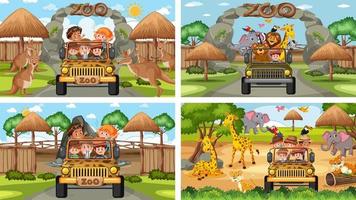 Cuatro escenas de zoológico diferentes con niños y animales. vector