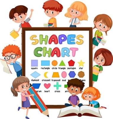 Shapes chart board with many kids doing different activities