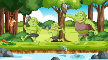 personaje de dibujos animados duende o troll en la escena del bosque vector