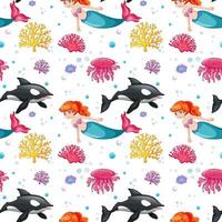 Seamless pattern with mermaid and undersea elements vector