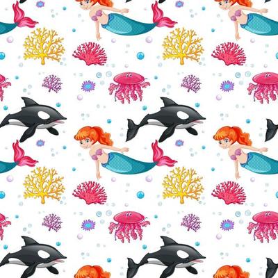 Seamless pattern with mermaid and undersea elements