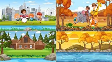 Set of different nature scenes background with people vector