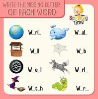 Write the missing letter of each word worksheet for children vector