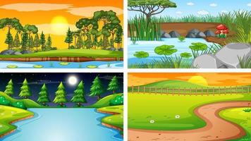 cuatro escenas diferentes de parque natural y bosque. vector