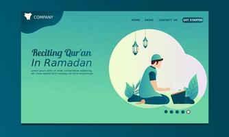 hombre muslilm leyendo el corán en el mes de la página de destino del ramadán vector