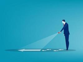 Businessman holding a flashlight uncovering footprints and arrow sign. Concept of  direction vector illustration