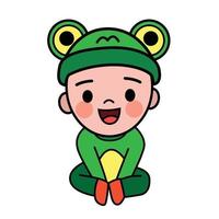 Vector cute cartoon of boy wearing a frog costume. He is sitting and smiling happily.