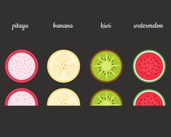 Exotic fruits pitaya, kiwi, banana, watermelon. Vector illustration