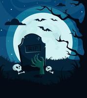 fondo de halloween, invitación. cementerio con mano de zombie, luna llena, árbol, noche de miedo. vector