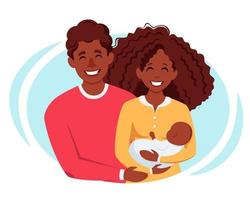 Happy black family with newborn baby. Afro american family. Vector illustration