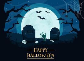 Happy Halloween background with graveyard, skulls, full moon, zombie hand, trees, bats. vector