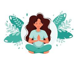 mujer meditando sobre fondo de hojas. estilo de vida saludable, yoga, meditación, relax, recreación. ilustración vectorial.