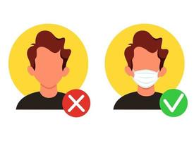 No entry without a face mask. Wear face mask. Right and wrong wearing a mask. Vector illustration in a flat style.