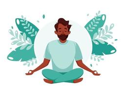 hombre negro meditando. estilo de vida saludable, yoga, meditación, relax, recreación. ilustración vectorial.