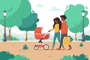 Black family with baby carriage walking in the park. Outdoor activity. Vector illustration
