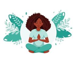 Black woman meditating. Healthy lifestyle, yoga, meditation, relax, recreation. Vector illustration.