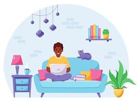Afro american man sitting on a sofa and working on laptop. Freelancer, home office concept. Vector illustration