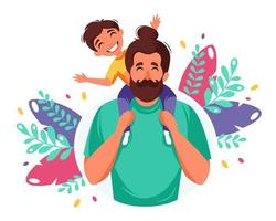 feliz Día del Padre. hombre con hijo en sus hombros. tarjeta de felicitación del día del padre. ilustración vectorial vector