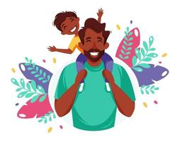 Happy Father's Day. Black man with son in his shoulders. Father's Day greeting card, banner concept. Vector illustration.