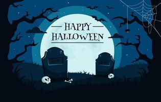 Happy Halloween background with graveyard, skulls, full moon, zombie hand, trees, bats. vector