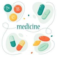 juego de pastillas. concepto de medicina y productos farmacéuticos. Pastillas multicolores. ilustración vectorial en un estilo plano. vector