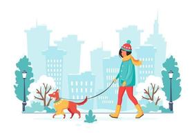 mujer caminando con perro en la ciudad de invierno. ilustración vectorial vector