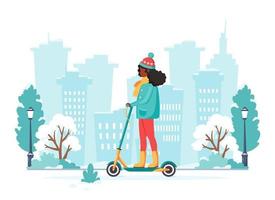 mujer negra montando patinete eléctrico en invierno. concepto de transporte ecológico. ilustración vectorial
