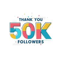 Gracias celebración de 50k seguidores, tarjeta de felicitación para 50000 seguidores sociales. vector
