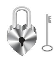 Cerradura de llave maestra en forma de corazón de acero y llave de acero vector