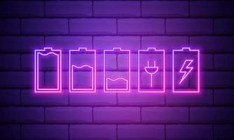 Set of battery neon icon. Charger glowing sign. Vector symbol of low and full battery isolated on brick wall.