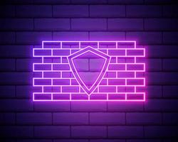 Glowing neon line Firewall, security wall icon isolated on brick wall background. Vector Illustration.