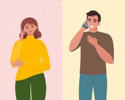 Man and woman talking on the phone. Communication and conversation with smartphone. Vector illustration in flat style