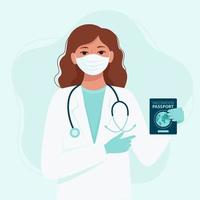 Woman doctor in a medical mask and gloves holds a vaccination passport. Quarantine campaign to prevent the spread of the coronavirus COVID-19. Vector illustration in flat style