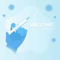 COVID-19 vaccine Doctors hand in medical gloves holding syringe with vaccine Concept of Vaccines to prevent or fight against Coronavirus Vector illustration in flat style