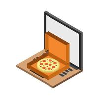 comprar pizza en línea isométrica en la computadora portátil vector