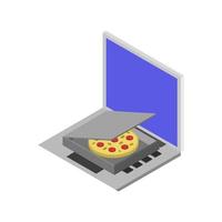 comprar pizza en línea isométrica en la computadora portátil vector