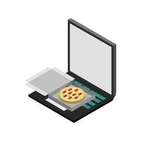 comprar pizza en línea isométrica en la computadora portátil vector