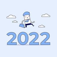 Businessman jump over number 2022. Cartoon character thin line style vector. vector