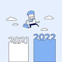 Masked businessman jumping from 2021 to 2022. Cartoon character thin line style vector. vector