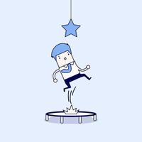 Businessman trying to catch the star by jumping on trampoline. Cartoon character thin line style vector. vector