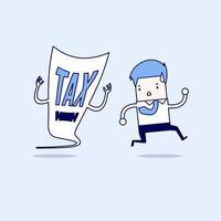 Businessman run away from tax devil. Cartoon character thin line style vector. vector