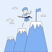 Businessman climbing up mountains or cliffs and moving to final destination point. Cartoon character thin line style vector. vector