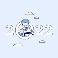 Masked businessman jumping through zero in number 2022. Cartoon character thin line style vector. vector
