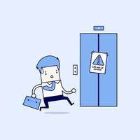 Businessman are running to the elevator. But the elevator is out of service. Cartoon character thin line style vector. vector