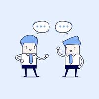 Two businessmen talking and discussing about business strategy. Cartoon character thin line style vector. vector