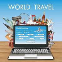 Laptop online flight booking with travel landmarks vector