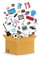 corrugated carton box with many shopping products floating vector